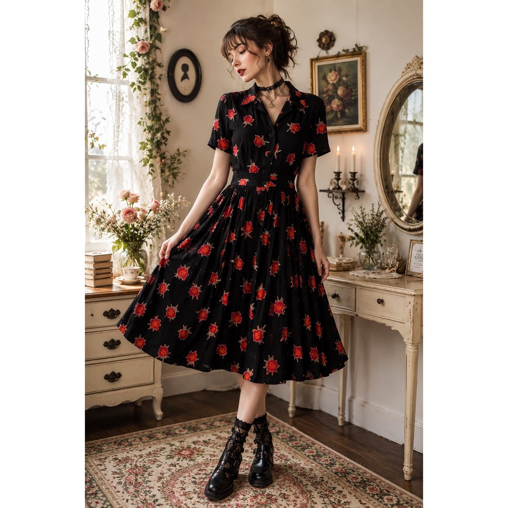 Vintage 80s Rose Print Midi Dress Black Red Floral Romantic Whimsigoth Rayon 8